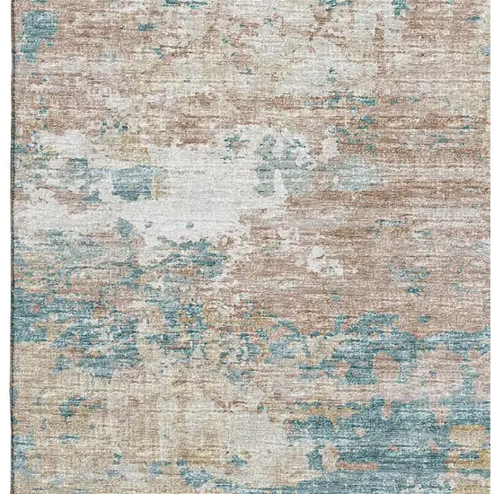 Teal Blue Ivory And Copper Abstract Washable Area Rug With UV Protection Photo 5