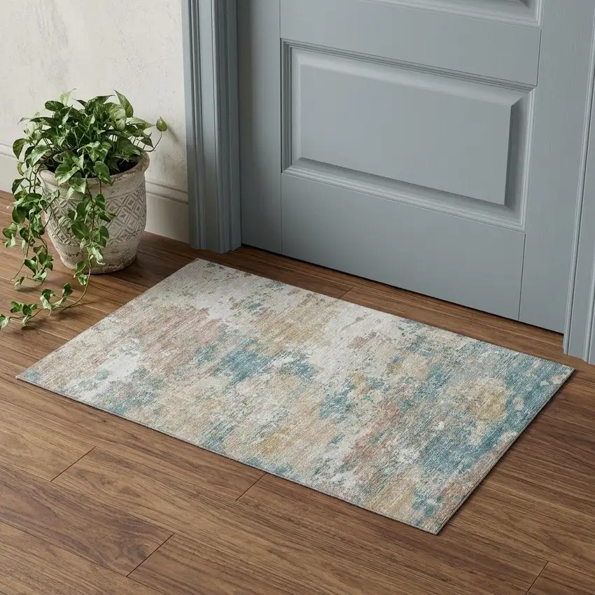 Teal Blue Ivory And Copper Abstract Washable Area Rug With UV Protection Photo 1