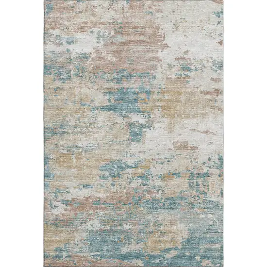 Teal Blue Ivory And Copper Abstract Washable Area Rug With UV Protection Photo 2