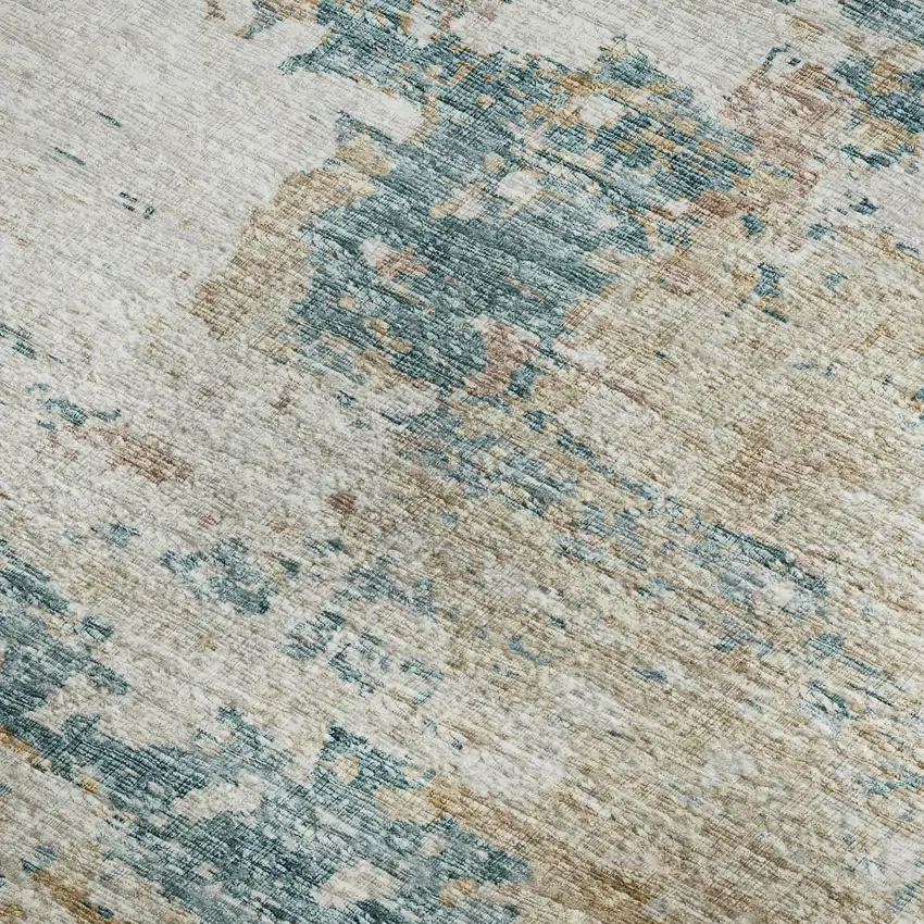 Teal Blue Ivory And Copper Abstract Washable Area Rug With UV Protection Photo 5