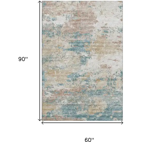 Teal Blue Ivory And Copper Abstract Washable Area Rug With UV Protection Photo 3