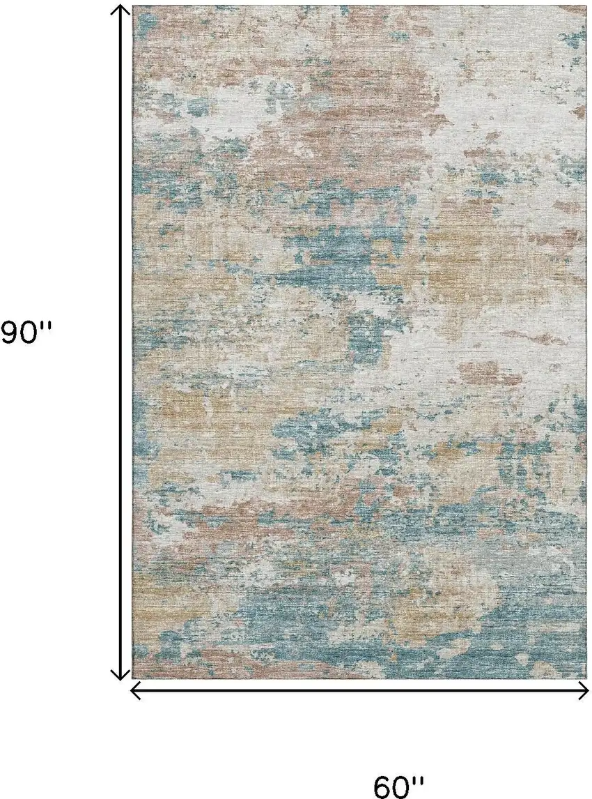 Teal Blue Ivory And Copper Abstract Washable Area Rug With UV Protection Photo 3