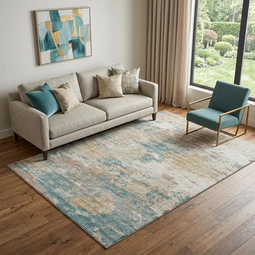 Teal Blue Ivory And Copper Abstract Washable Area Rug With UV Protection Photo 1