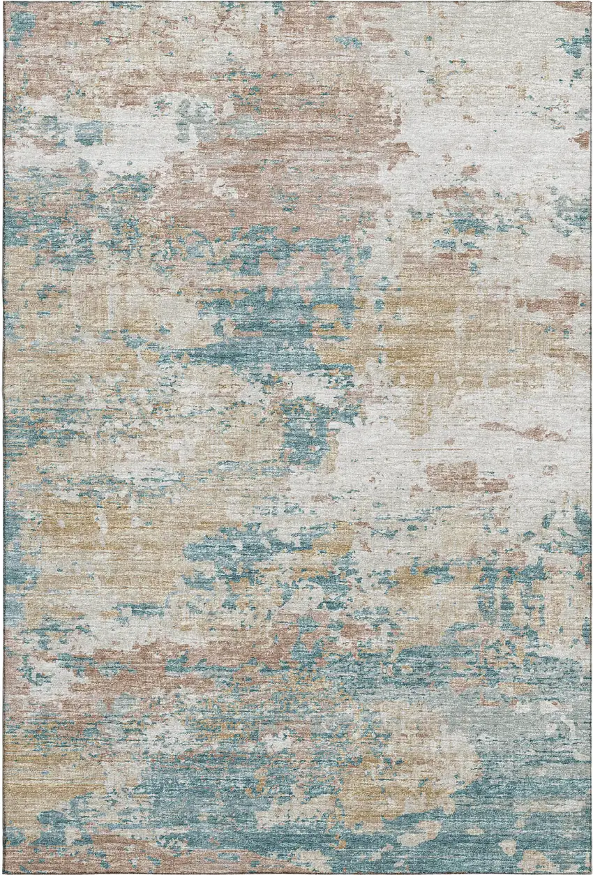 Teal Blue Ivory And Copper Abstract Washable Area Rug With UV Protection Photo 2