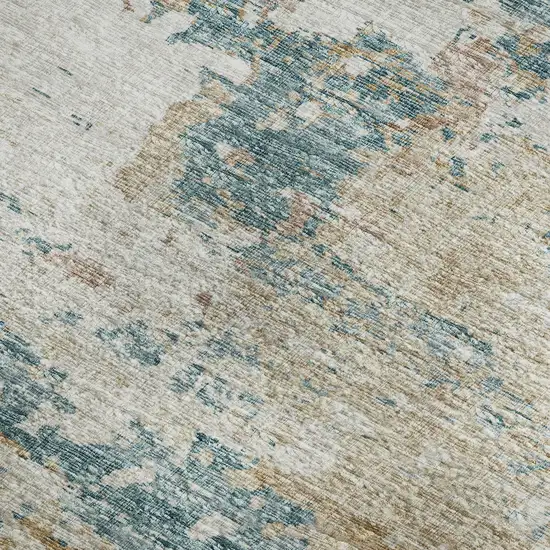 Teal Blue Ivory And Copper Abstract Washable Area Rug With UV Protection Photo 5
