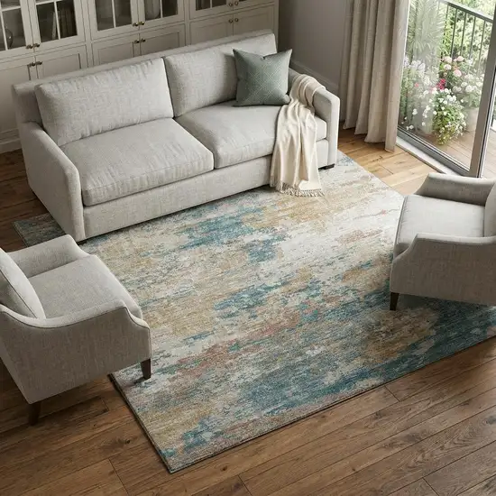 Teal Blue Ivory And Copper Abstract Washable Area Rug With UV Protection Photo 1