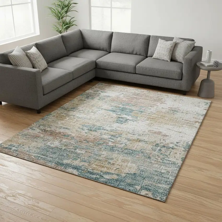 Teal Blue Ivory And Copper Abstract Washable Area Rug With UV Protection Photo 1