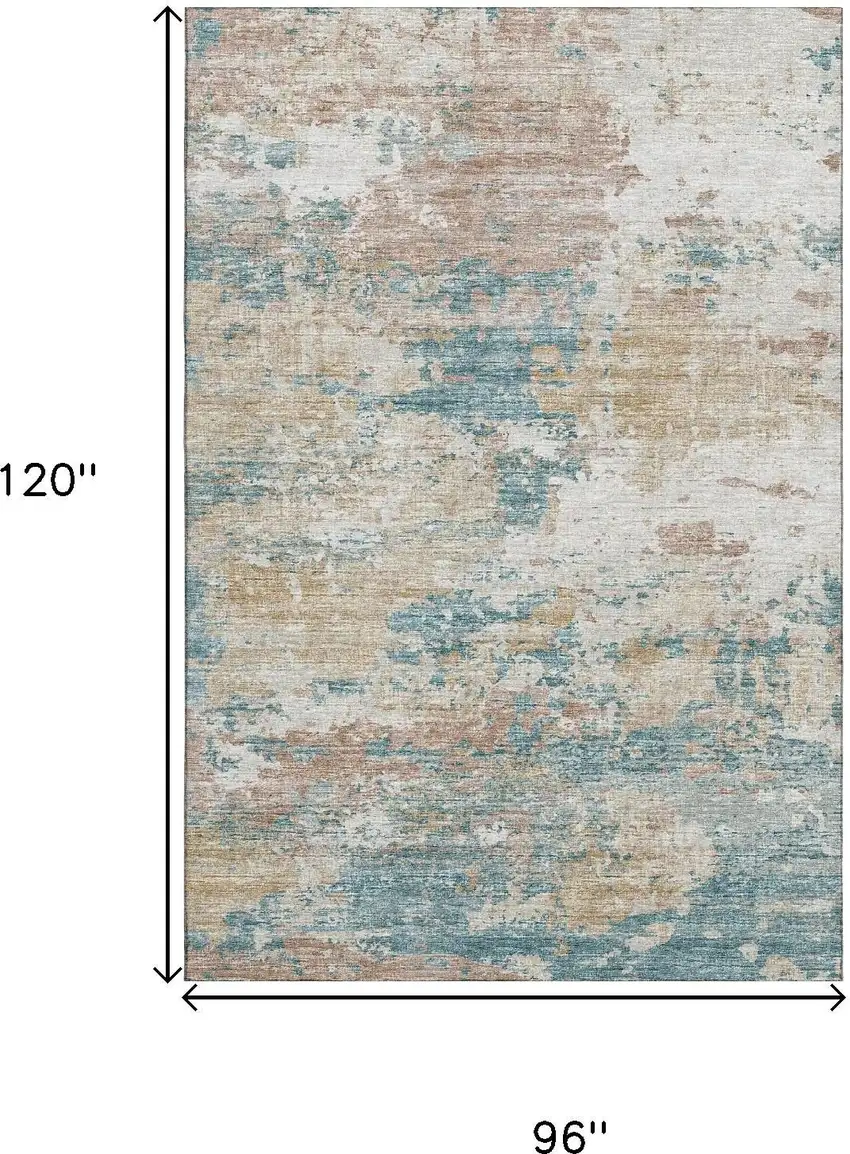 Teal Blue Ivory And Copper Abstract Washable Area Rug With UV Protection Photo 3