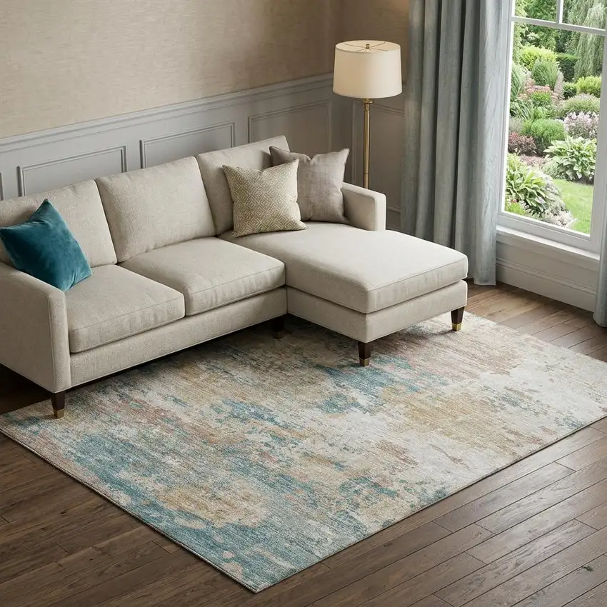 Teal Blue Ivory And Copper Abstract Washable Area Rug With UV Protection Photo 1