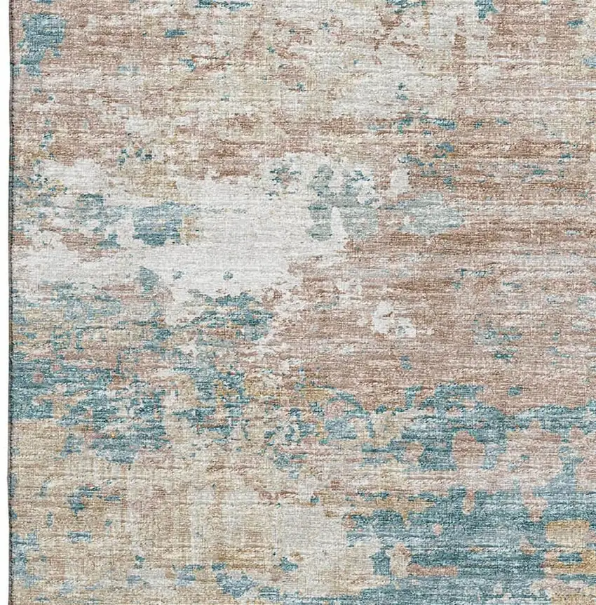 Teal Blue Ivory And Copper Abstract Washable Area Rug With UV Protection Photo 5