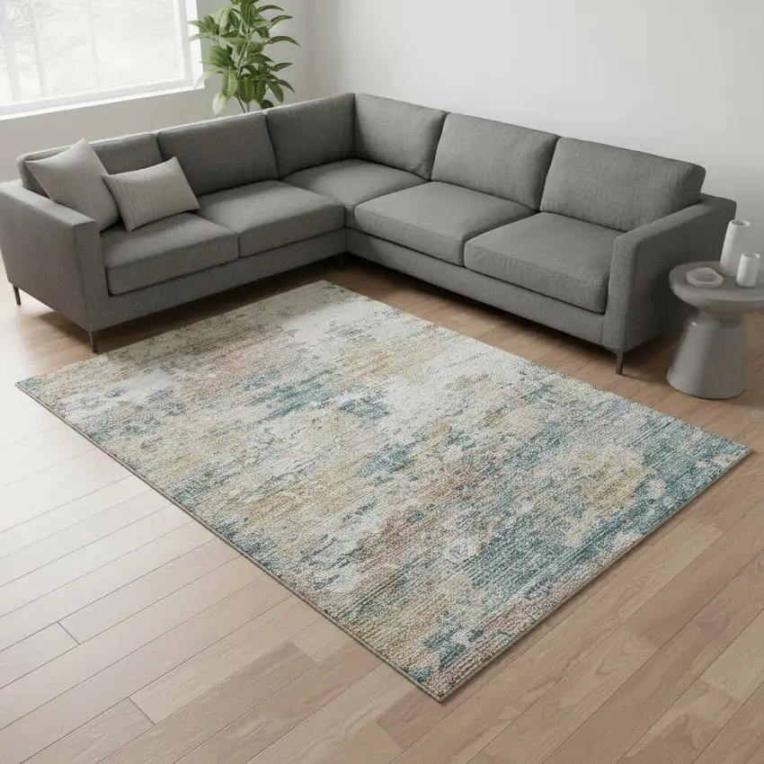 Teal Blue Ivory And Copper Abstract Washable Area Rug With UV Protection Photo 1