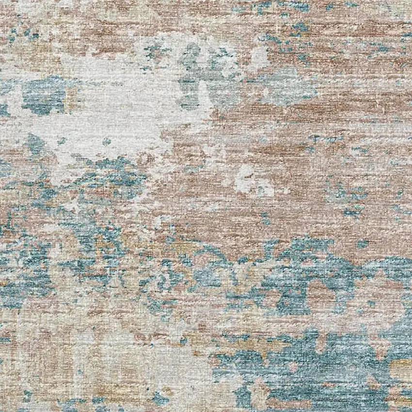 Teal Blue Ivory And Copper Abstract Washable Area Rug With UV Protection Photo 4