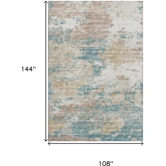 Teal Blue Ivory And Copper Abstract Washable Area Rug With UV Protection Photo 3