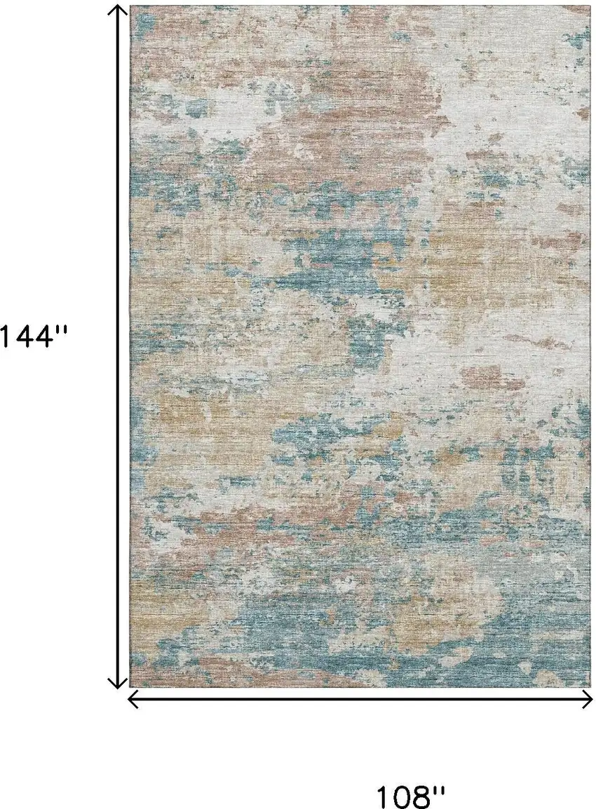 Teal Blue Ivory And Copper Abstract Washable Area Rug With UV Protection Photo 3