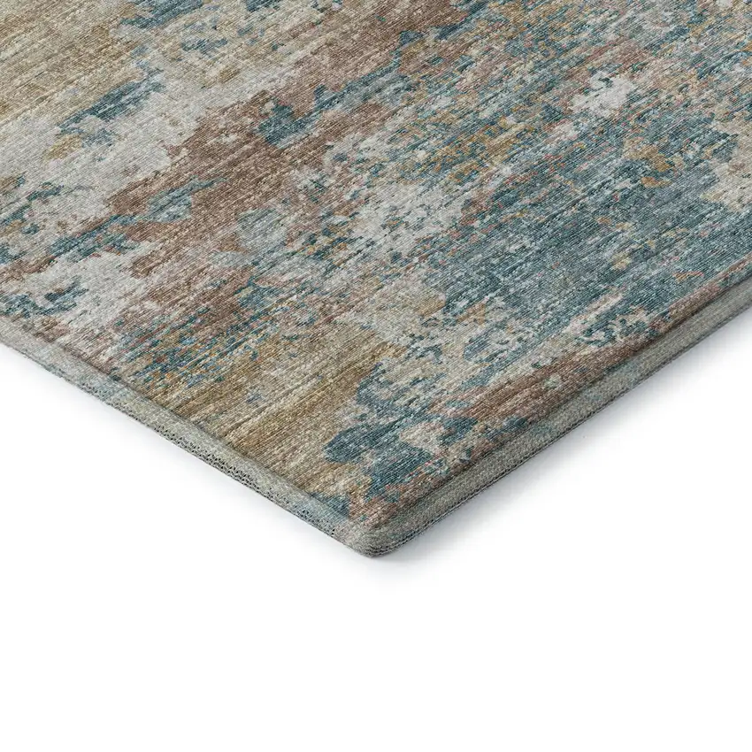 Teal Blue Ivory And Copper Abstract Washable Area Rug With UV Protection Photo 8