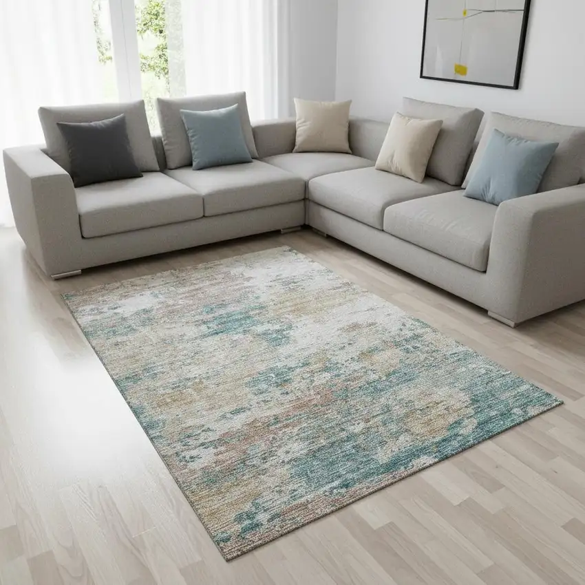 Teal Blue Ivory And Copper Abstract Washable Area Rug With UV Protection Photo 1