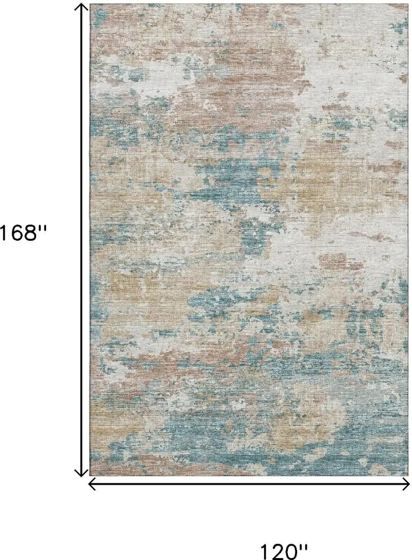 Teal Blue Ivory And Copper Abstract Washable Area Rug With UV Protection Photo 3