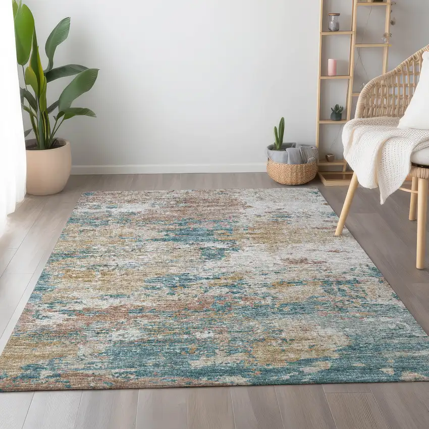 Teal Blue Ivory And Copper Abstract Washable Area Rug With UV Protection Photo 5