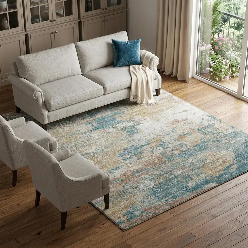 Teal Blue Ivory And Copper Abstract Washable Area Rug With UV Protection Photo 1