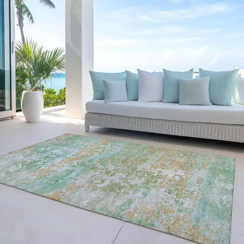 Teal Blue Ivory And Copper Abstract Washable Indoor Outdoor Area Rug Photo 5
