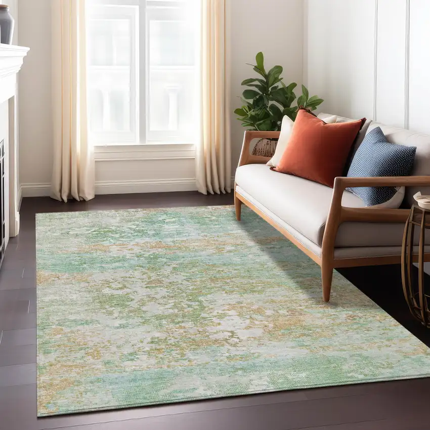 Teal Blue Ivory And Copper Abstract Washable Indoor Outdoor Area Rug Photo 7