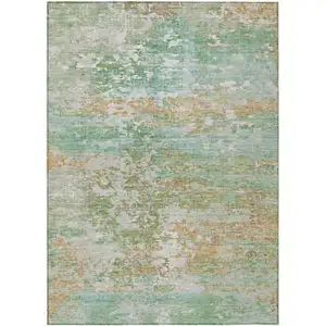 Photo of Teal Blue Ivory And Copper Abstract Washable Indoor Outdoor Area Rug