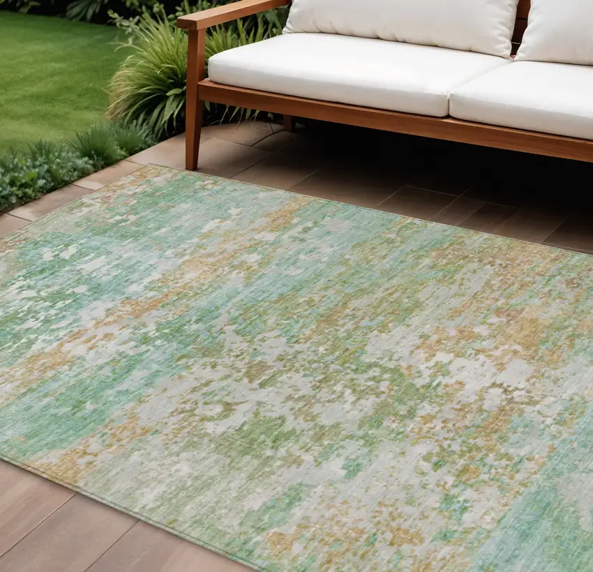 Teal Blue Ivory And Copper Abstract Washable Indoor Outdoor Area Rug Photo 2