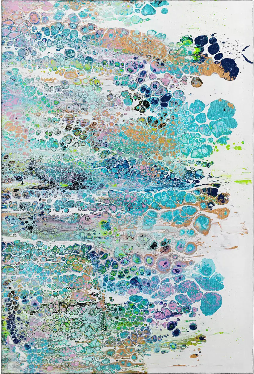 Teal Blue Ivory And Gold Abstract Washable Indoor Outdoor Area Rug Photo 2