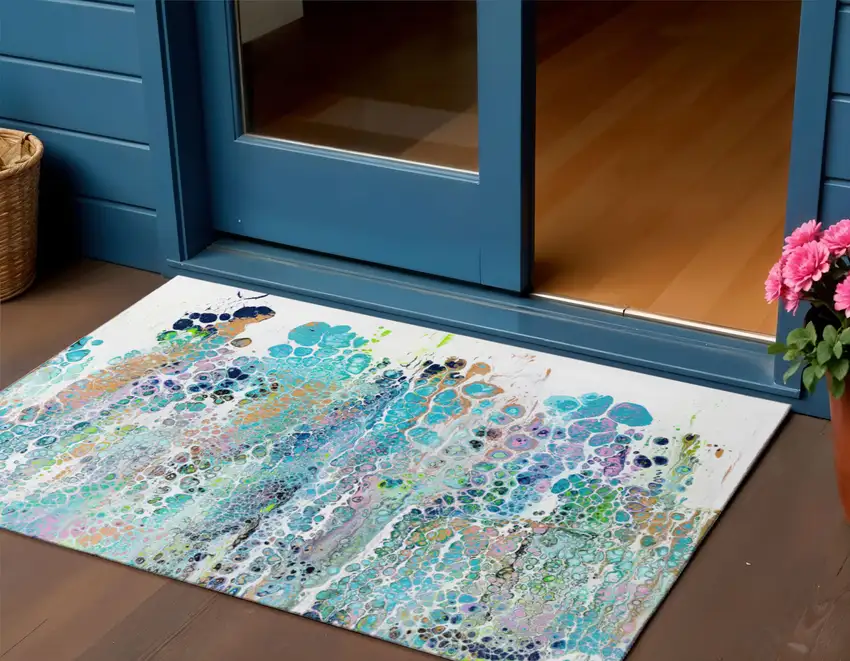 Teal Blue Ivory And Gold Abstract Washable Indoor Outdoor Area Rug Photo 1