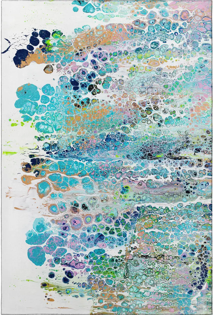 Teal Blue Ivory And Gold Abstract Washable Indoor Outdoor Area Rug Photo 4