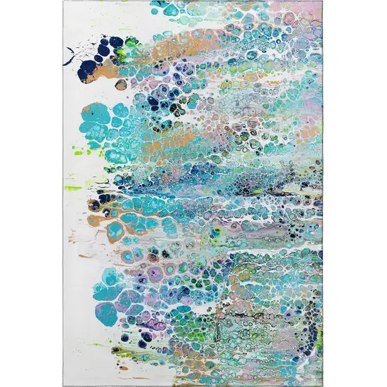 Teal Blue Ivory And Gold Abstract Washable Indoor Outdoor Area Rug Photo 4