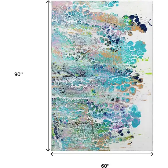 Teal Blue Ivory And Gold Abstract Washable Indoor Outdoor Area Rug Photo 3