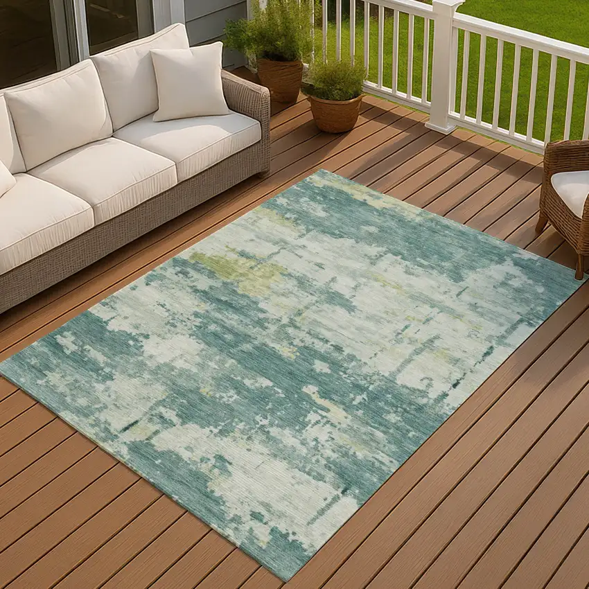 Teal Blue Ivory And Gold Abstract Washable Indoor Outdoor Area Rug Photo 4