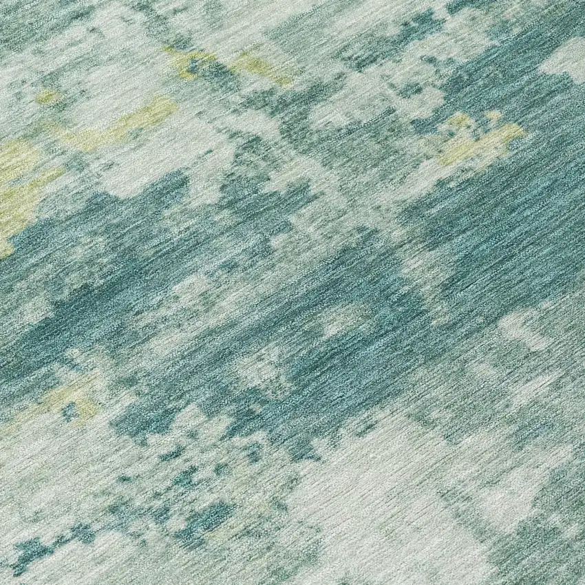 Teal Blue Ivory And Gold Abstract Washable Indoor Outdoor Area Rug Photo 1