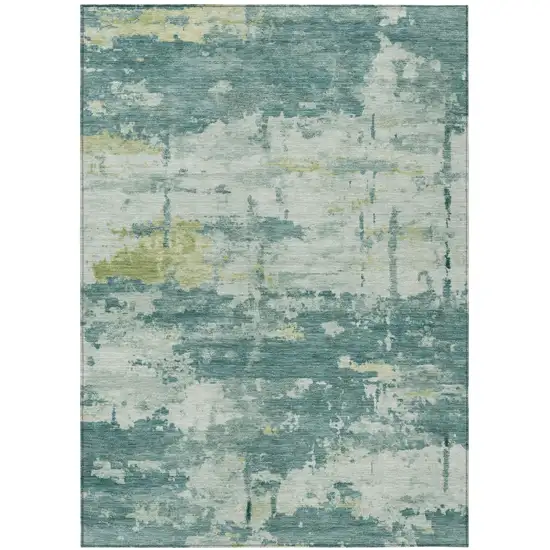 Teal Blue Ivory And Gold Abstract Washable Indoor Outdoor Area Rug Photo 4