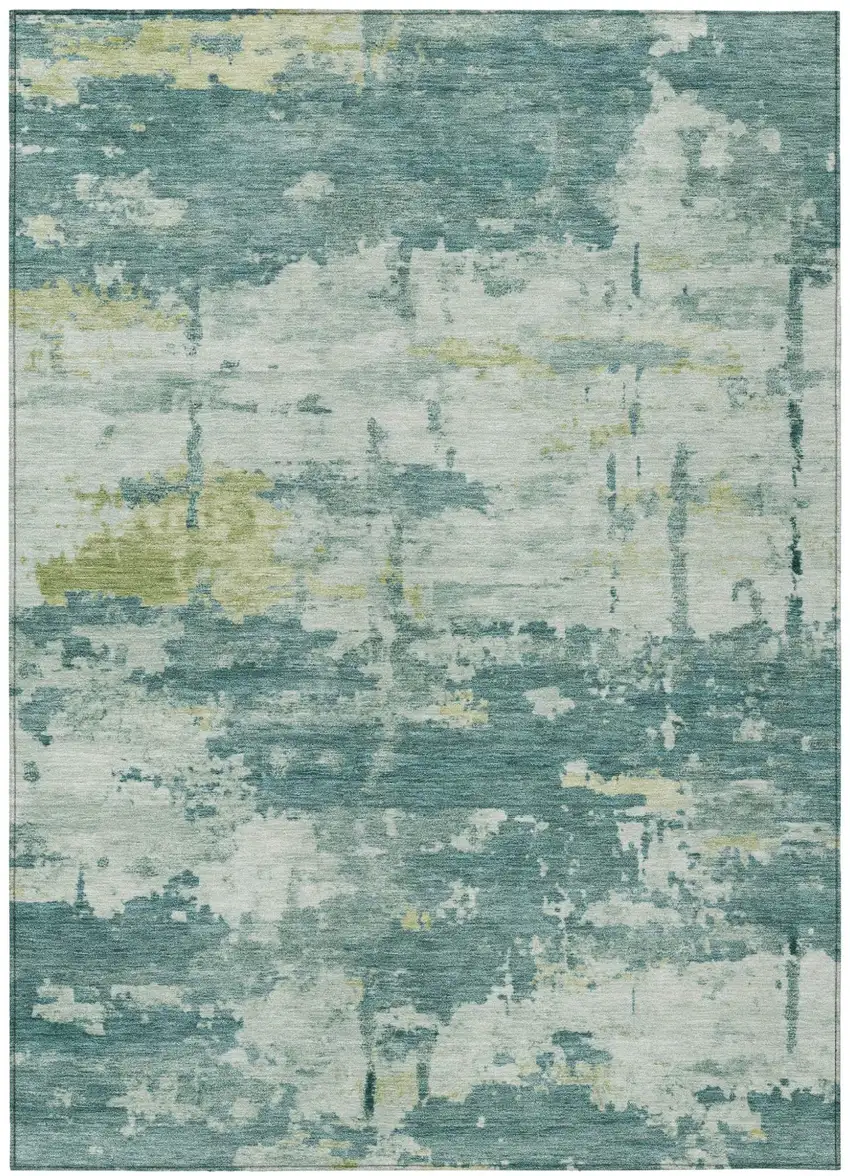 Teal Blue Ivory And Gold Abstract Washable Indoor Outdoor Area Rug Photo 4