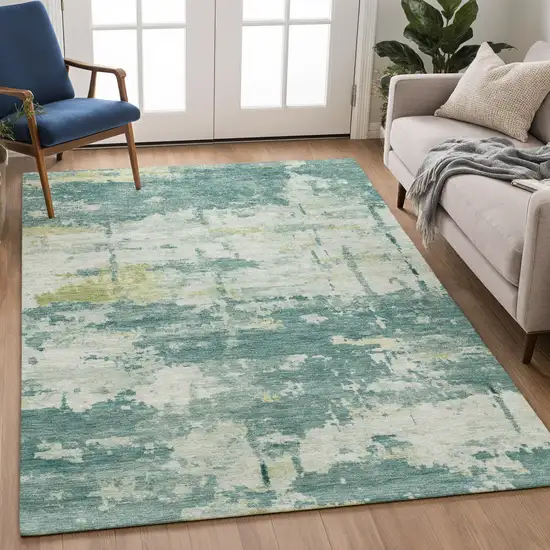 Teal Blue Ivory And Gold Abstract Washable Indoor Outdoor Area Rug Photo 5