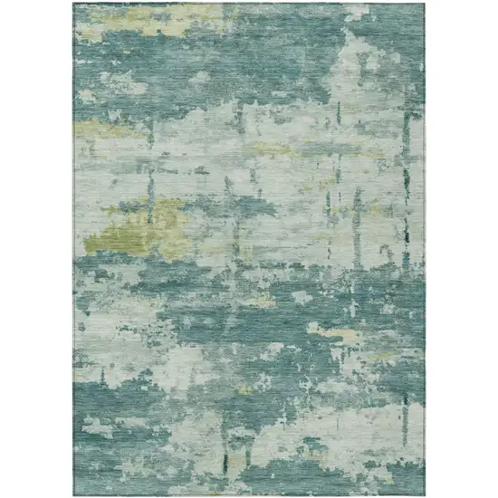 Teal Blue Ivory And Gold Abstract Washable Indoor Outdoor Area Rug Photo 9