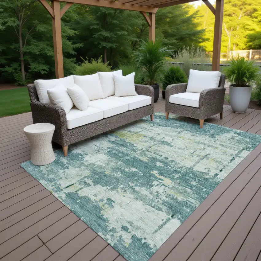Teal Blue Ivory And Gold Abstract Washable Indoor Outdoor Area Rug Photo 7