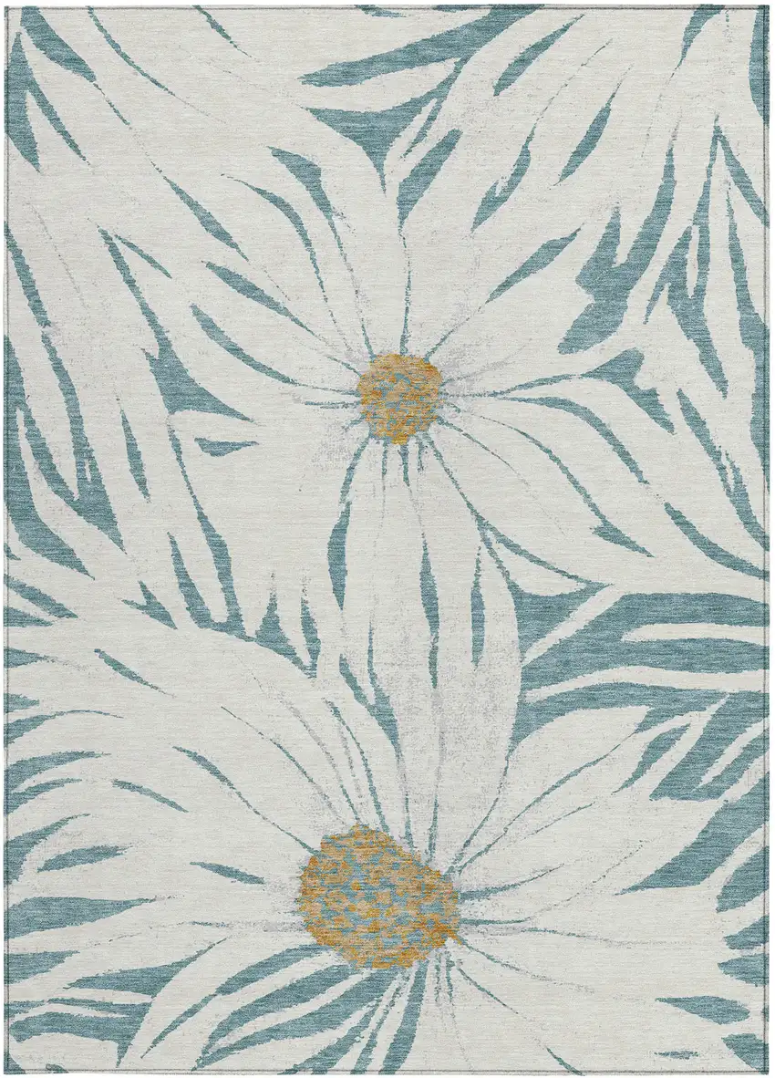 Teal Blue Ivory And Gold Floral Washable Indoor Outdoor Area Rug Photo 5