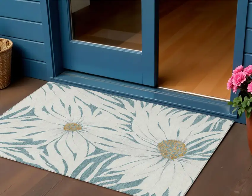 Teal Blue Ivory And Gold Floral Washable Indoor Outdoor Area Rug Photo 1