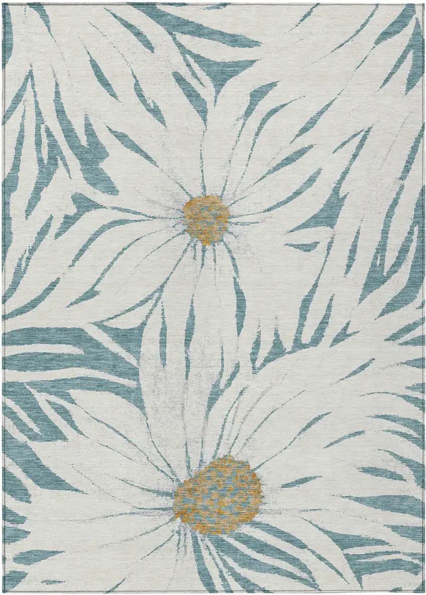 Teal Blue Ivory And Gold Floral Washable Indoor Outdoor Area Rug Photo 2