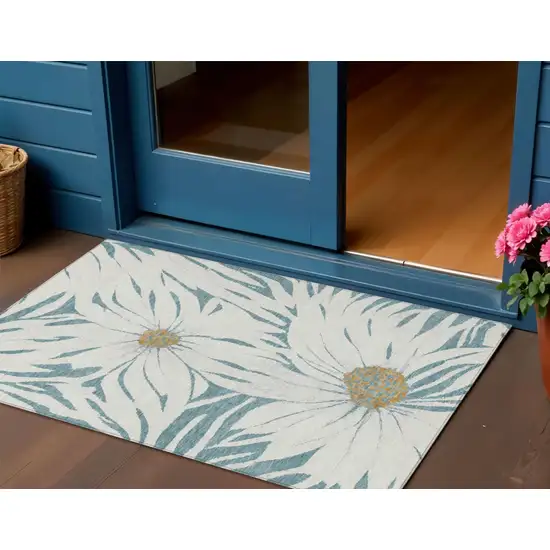 Teal Blue Ivory And Gold Floral Washable Indoor Outdoor Area Rug Photo 1