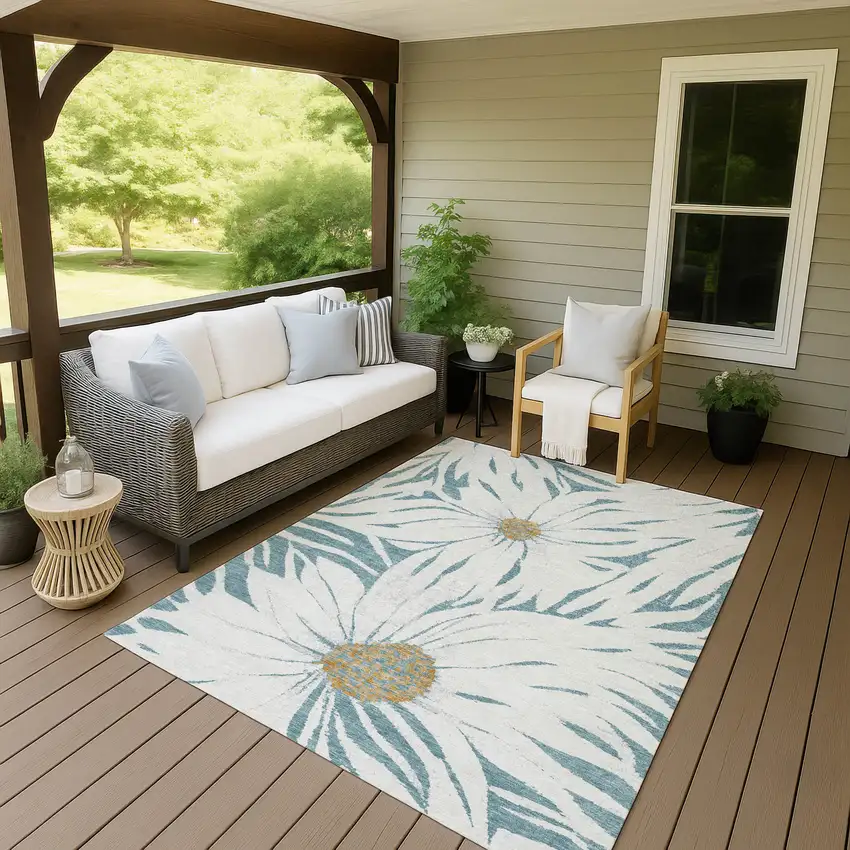 Teal Blue Ivory And Gold Floral Washable Indoor Outdoor Area Rug Photo 9