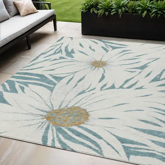 Teal Blue Ivory And Gold Floral Washable Indoor Outdoor Area Rug Photo 1
