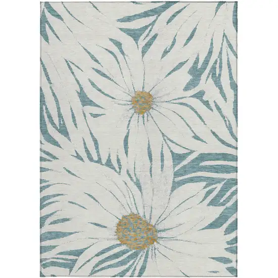 Teal Blue Ivory And Gold Floral Washable Indoor Outdoor Area Rug Photo 5