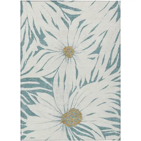 Teal Blue Ivory And Gold Floral Washable Indoor Outdoor Area Rug Photo 2