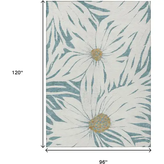 Teal Blue Ivory And Gold Floral Washable Indoor Outdoor Area Rug Photo 3