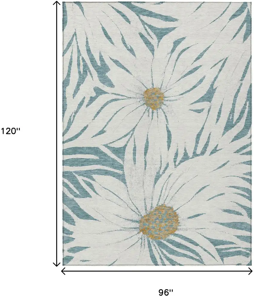 Teal Blue Ivory And Gold Floral Washable Indoor Outdoor Area Rug Photo 3