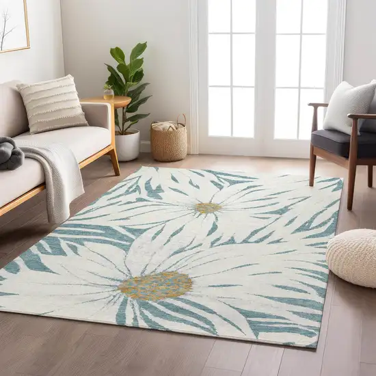 Teal Blue Ivory And Gold Floral Washable Indoor Outdoor Area Rug Photo 9